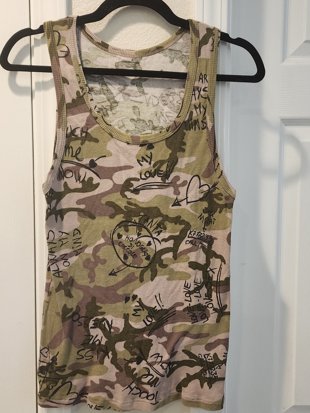 D&G Camouflage Ribbed Tank in Olive, Tan & Pink with Black Doodle Print
